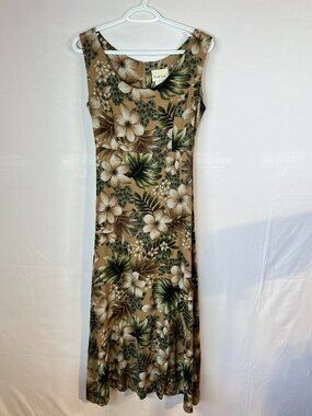 Y2K Tropical Floral Maxi by Tradition – 8P Vintage 90s Tan Botanical